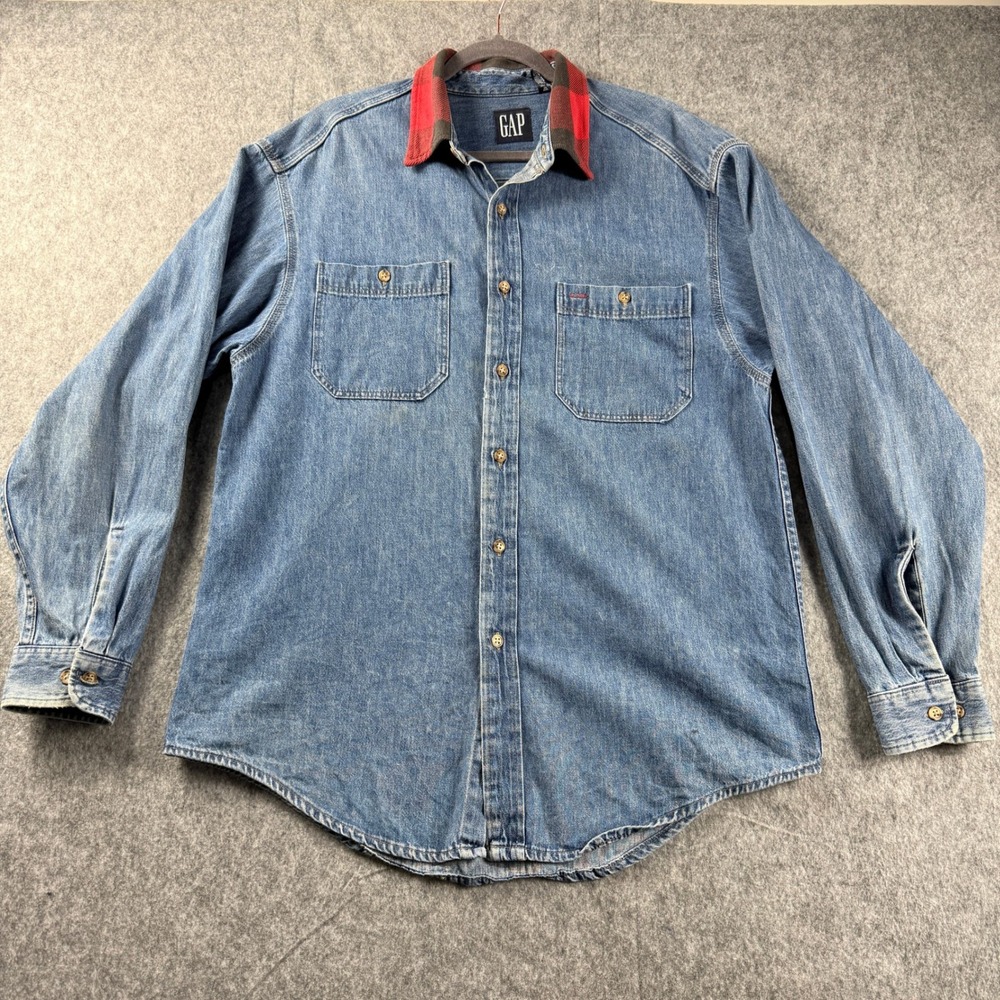 VTG Gap Mens L Flannel Check Collar Denim Button Down‎ Shirt 90s Made USA